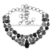 Schwarz Onyx und Tourmanilated Quarz 925 Solid Silber Halskette Schmuck